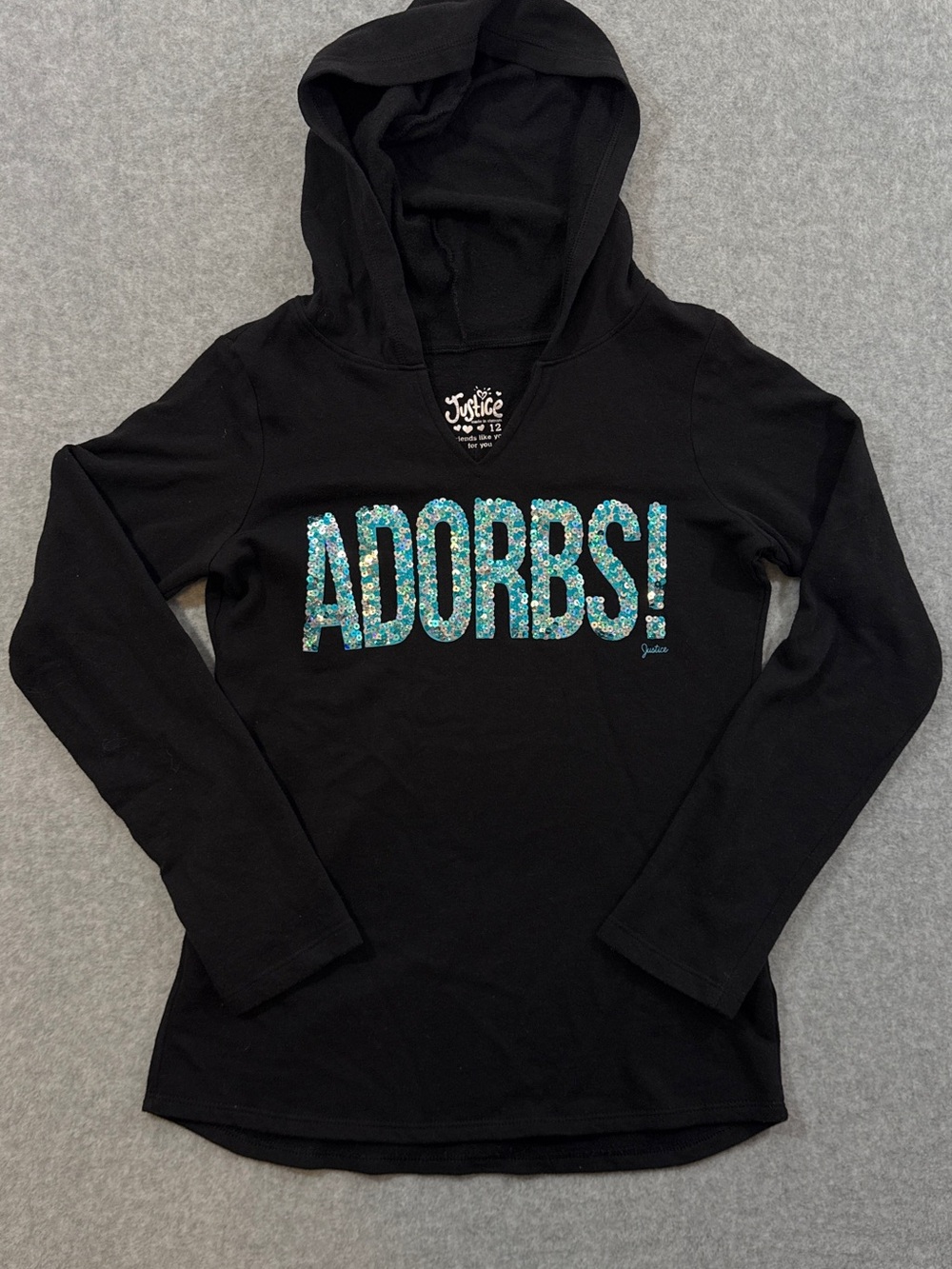 Justice Black ADORBS! Sequin Hooded Long Sleeve Shirt Size 12